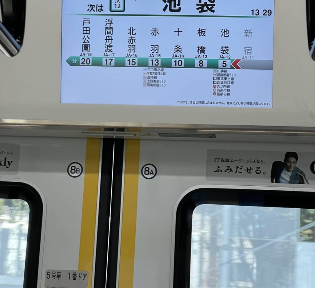 JR埼京線のドア上部にある行き先案内の液晶画面。次は池袋～