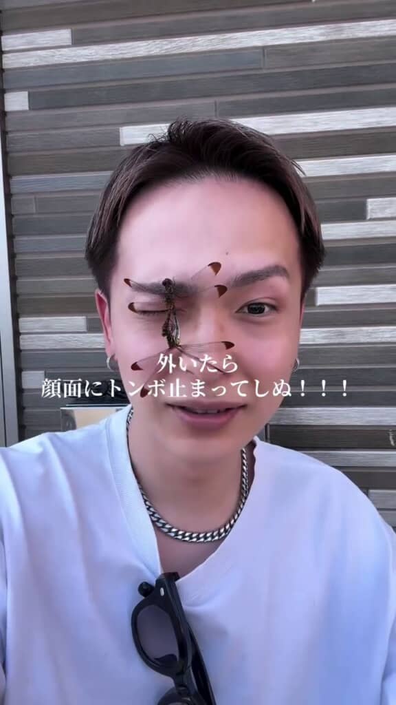 2匹のトンボが顔に止まっているので、片目をつぶる投稿者