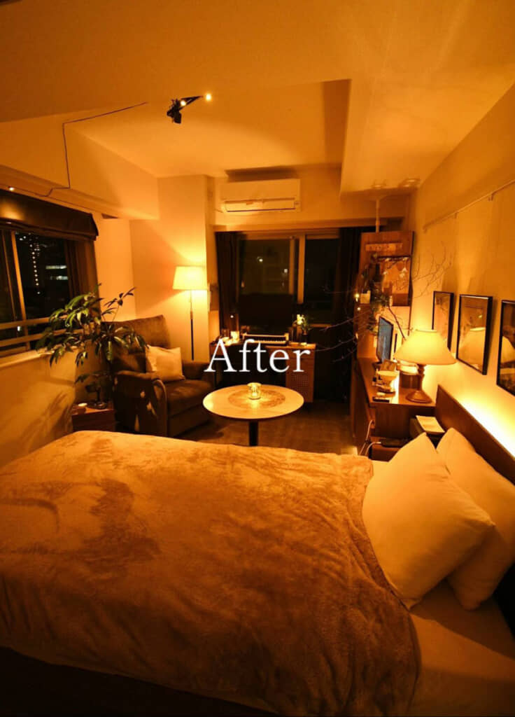 ……からの、仕上がった部屋。入るなりベッドはなかなか攻めたレイアウトですが、通路は確保されており、生活に不便はないそうです