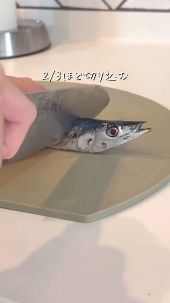 サンマの首元を途中までカット