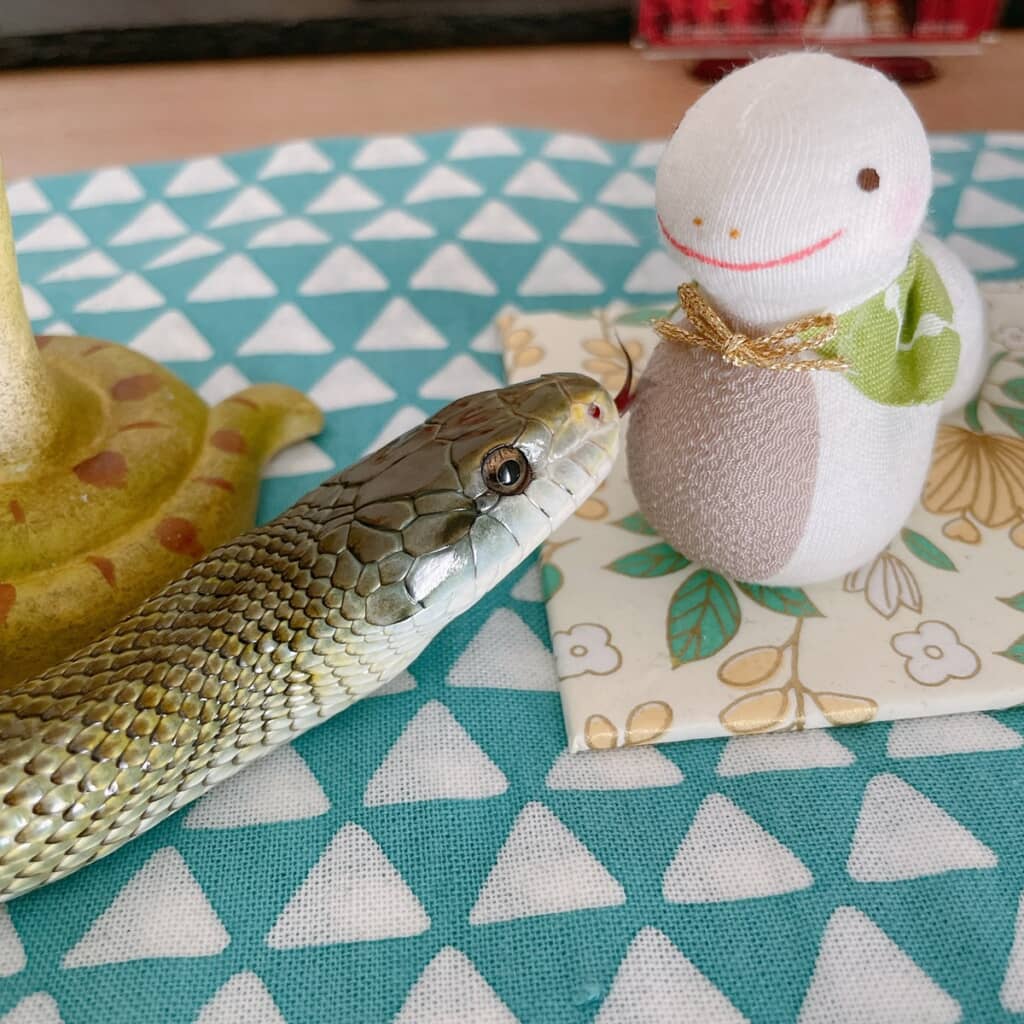 ヘビの置物と対面したアオダイショウ