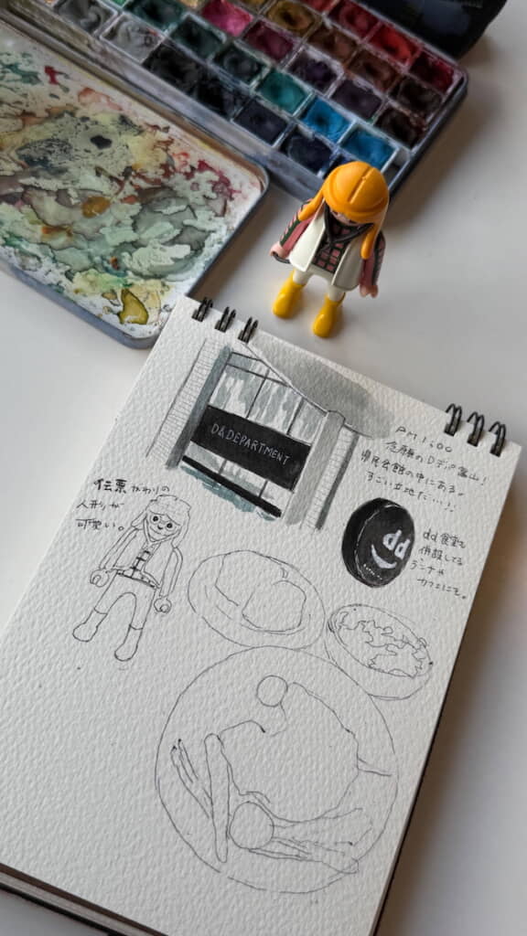 さっそく食べたものや人形をスケッチ