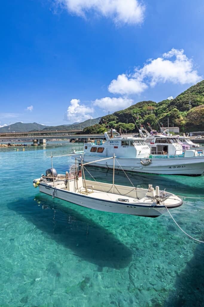 海の透明度が高く、船が宙に浮いて見える写真