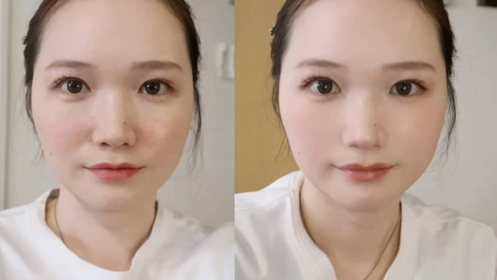 「NGメイク」（左）と神テクニックのメイク（右）