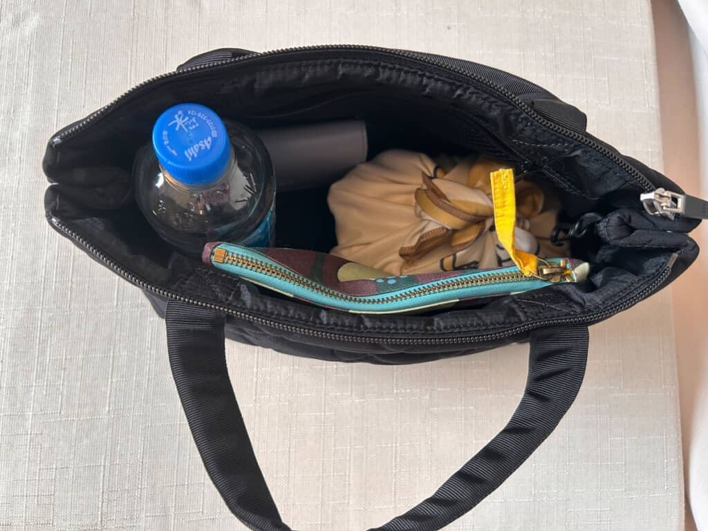 ペットボトル、ポーチ、二つ折り財布、お弁当を入れてこんな感じ