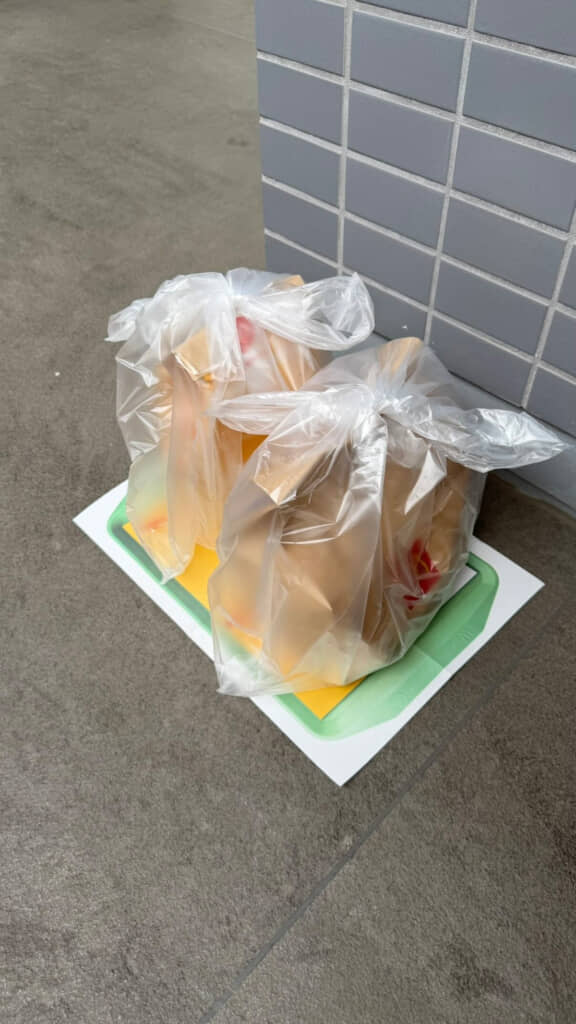 敷き紙の上にビニール袋が2つ置かれた状態の写真（全体）