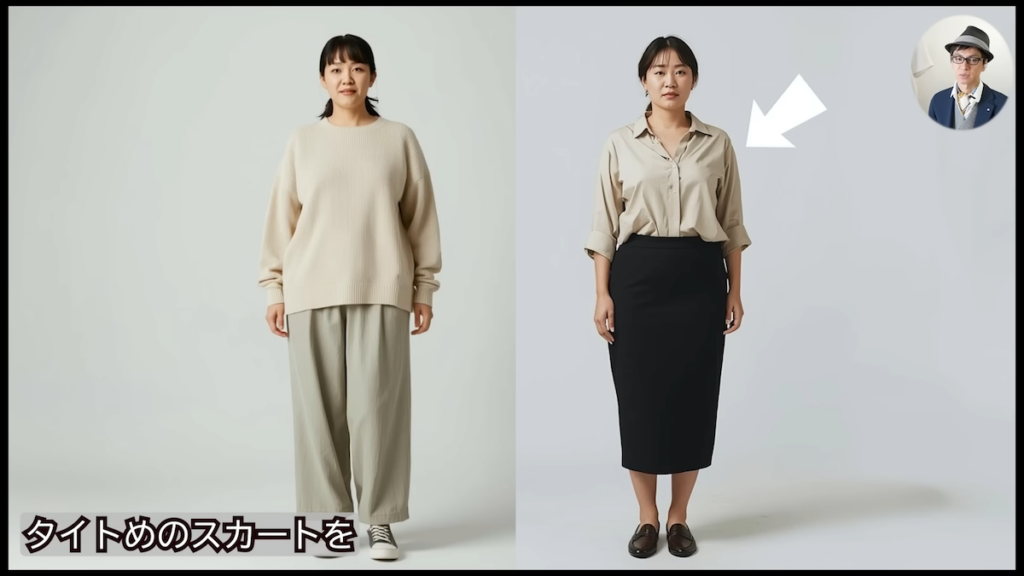 ワイドパンツとタイトスカートのコーデ比較