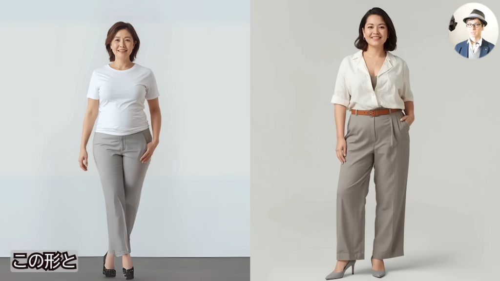 首が詰まったトップスと、首が開いたシャツのコーデ比較