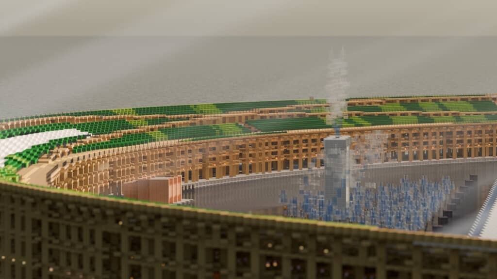 Minecraftで再現した大屋根リングを斜め上から見た光景