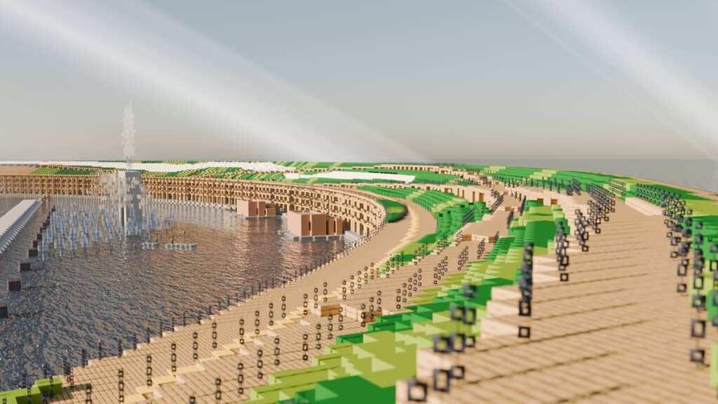 Minecraftで再現した大屋根リングの上を歩く人の目線