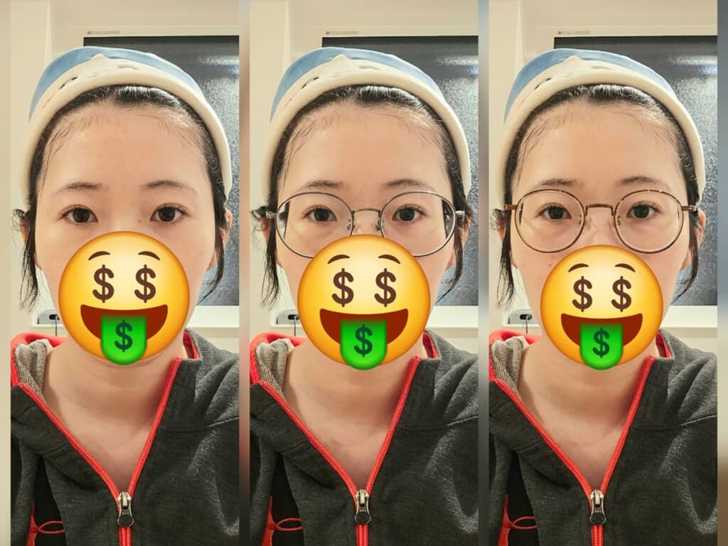 風呂上がりに撮影した裸眼と普通の眼鏡、目が小さくならない眼鏡の比較写真