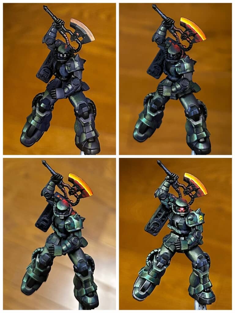 少しずつ色が追加されていくザクIIの塗装風景