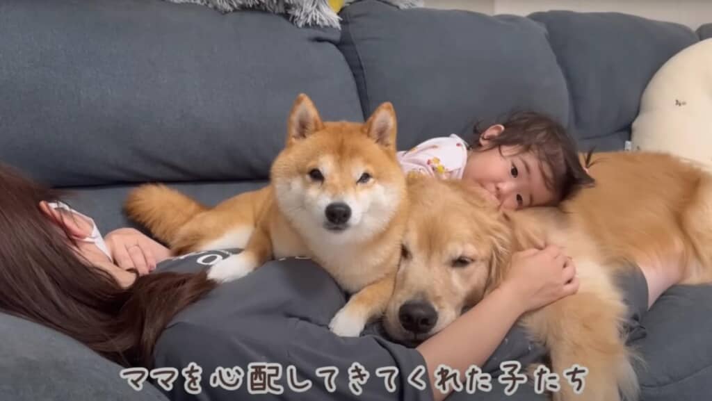 さんにんがお布団のように重なり、温かそう