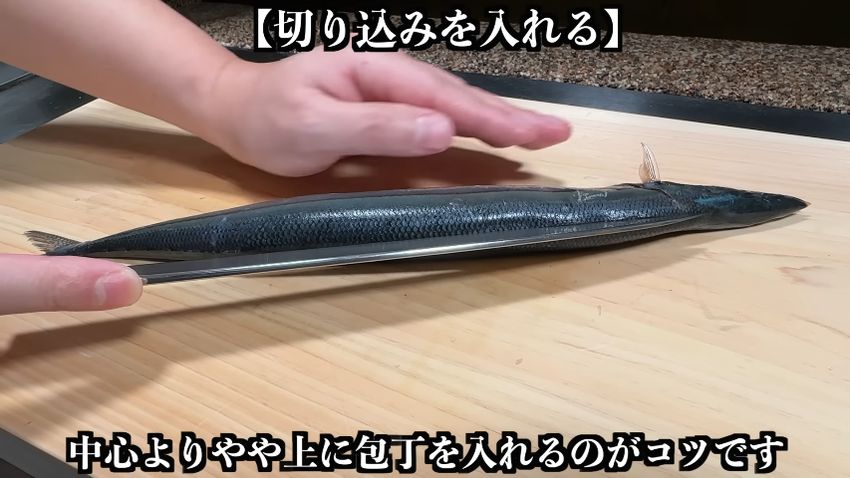 サンマの背面に包丁を入れる