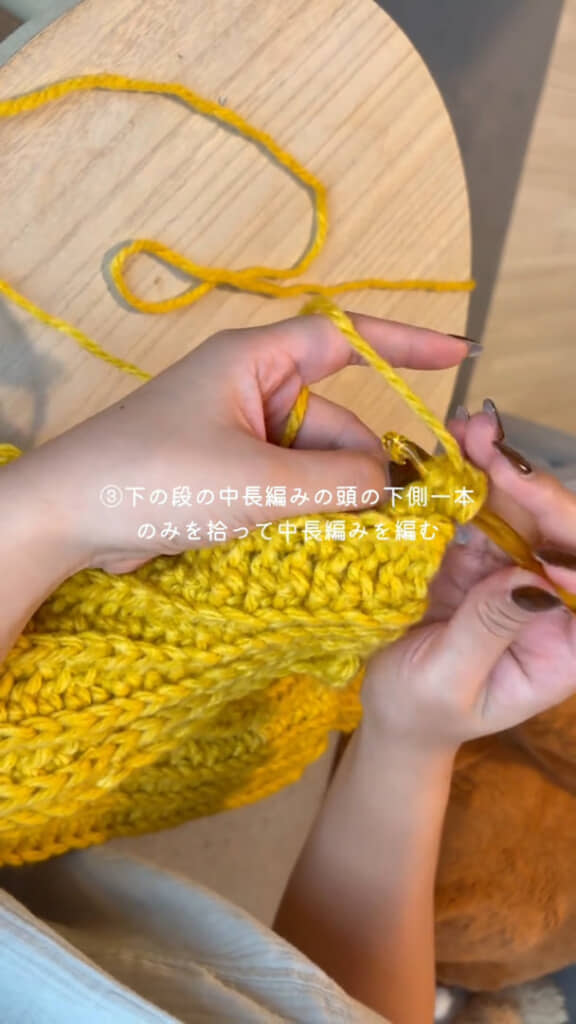 前段の中長編みの頭の下の部分だけ拾うようにします