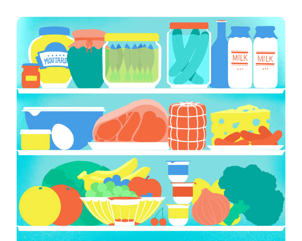 冷蔵庫のイラスト。中には「プリン」が隠れている