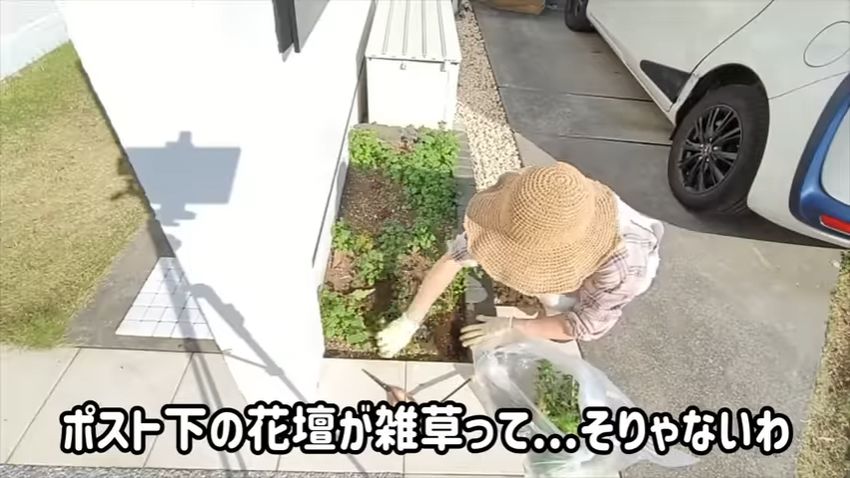 ポスト前の花壇の草を引き抜くズボラPさん