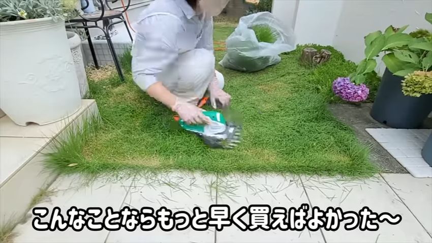 購入した芝刈り機で庭の芝を手入れするズボラPさん