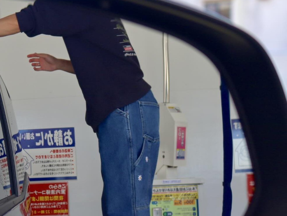 洗車の仕上げに入っているパパさんを見ているのは……