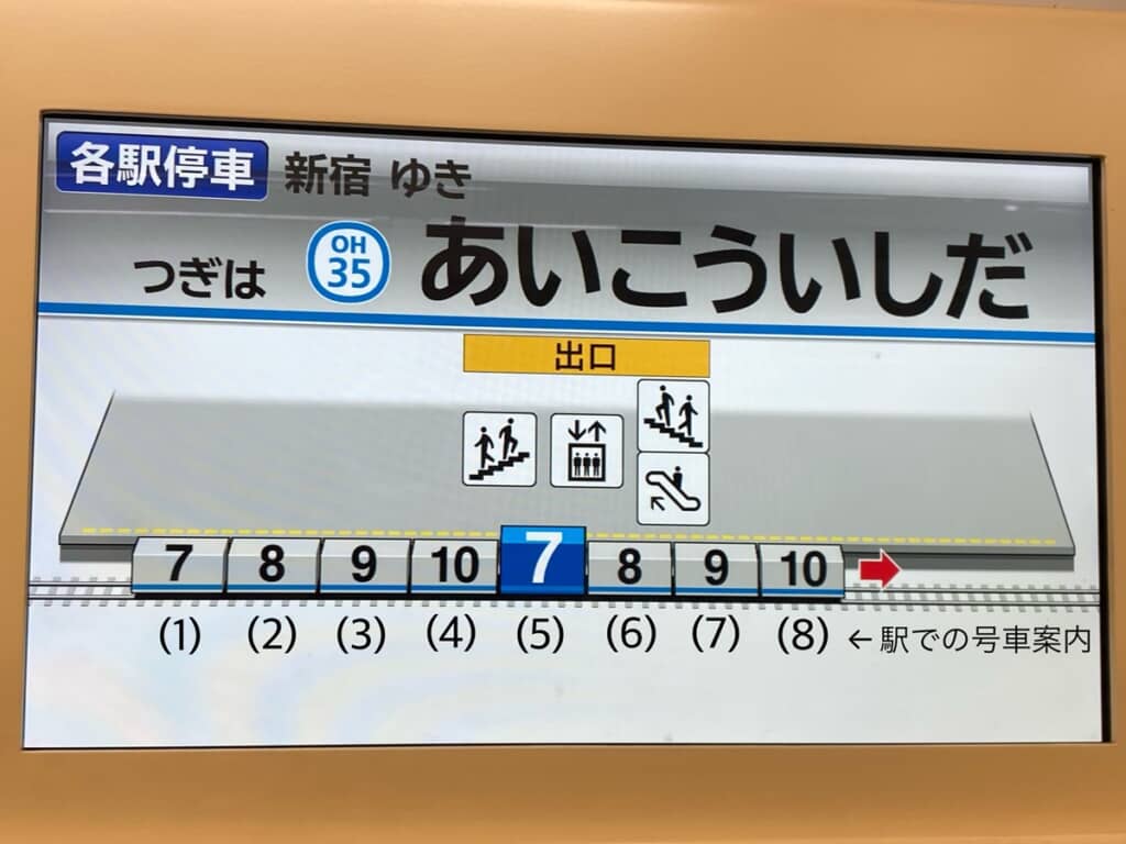 投稿者が駅における号車案内の番号を書き足した小田急線の車内案内表示