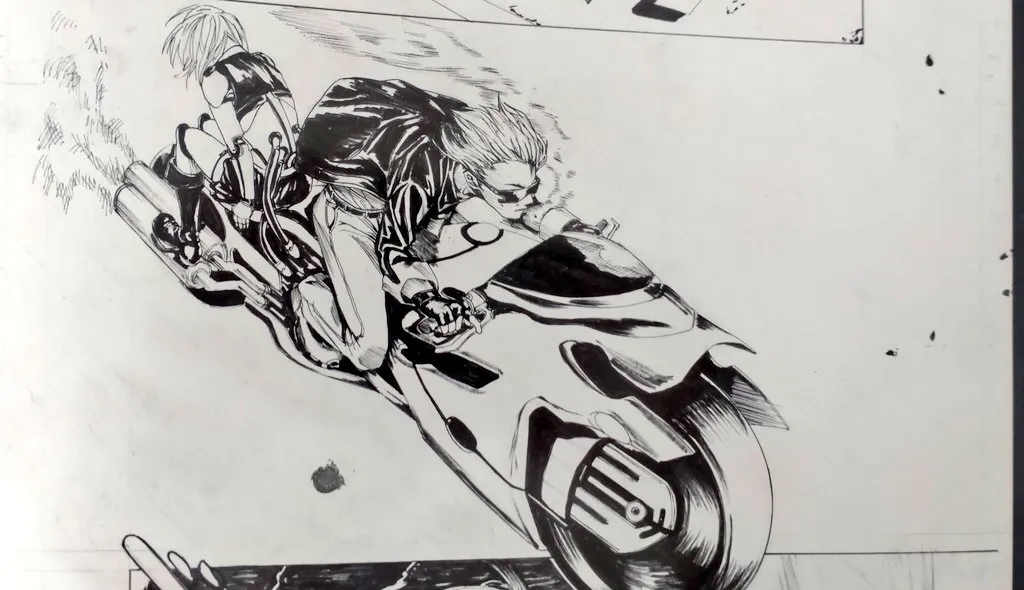 アンドロイド少女を後ろに乗せて疾走するバイク