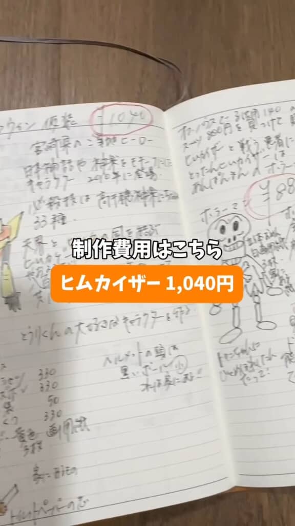 費用はヒムカイザーが1040円で、ホラーマンが880円。衣装を作る際に、ノートにキャラクター設定をまとめているあたりがガチっぽい