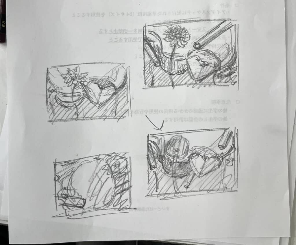 ラフスケッチで構図を固める様子。4つの案が描かれている。