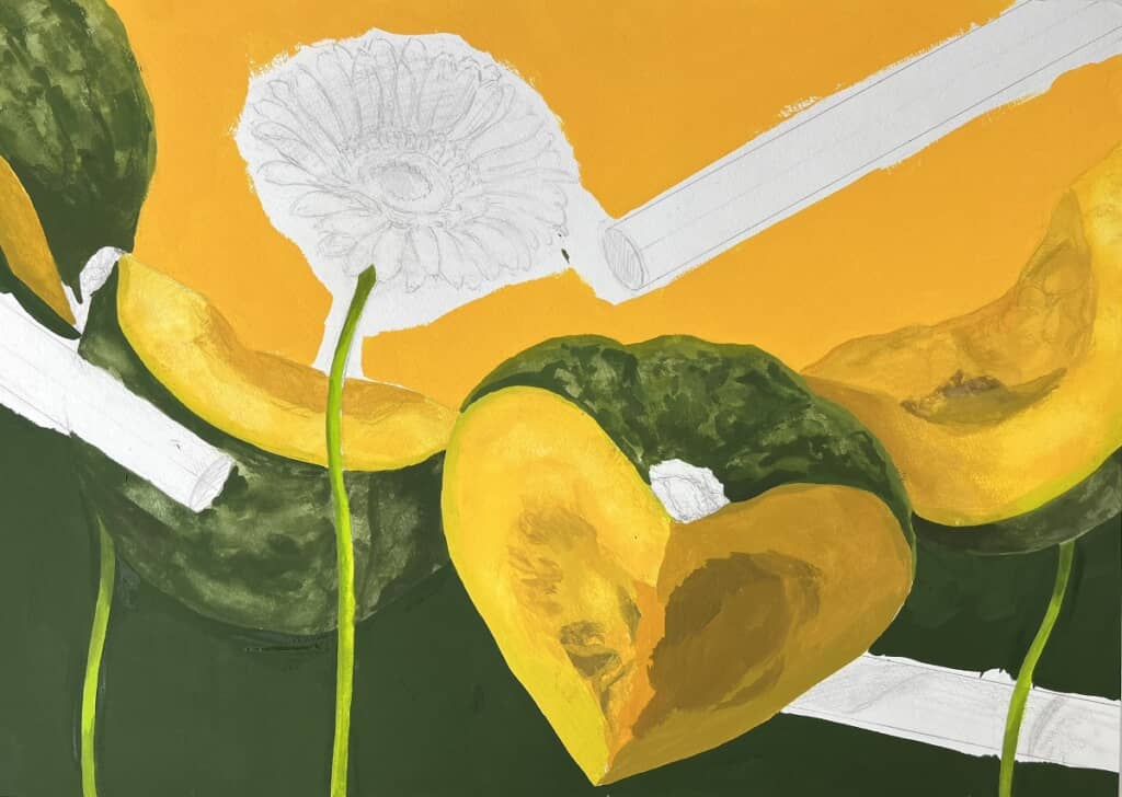 着彩の過程。ガーベラの花弁と3本のパイプはまだ塗られておらず、かぼちゃものっぺりとしている。