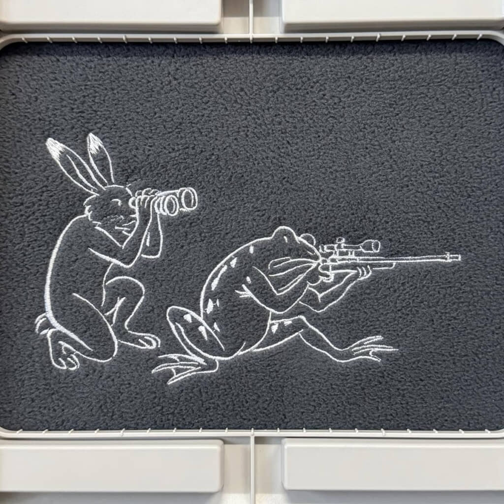 ウサギの観測を参考にカエルが照準。狙う獲物はサルかしら？