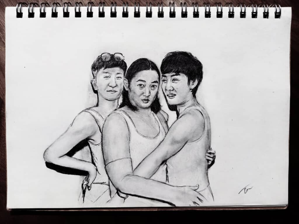 同じ構図で男性3人に置き換えられた鉛筆ドローイング。