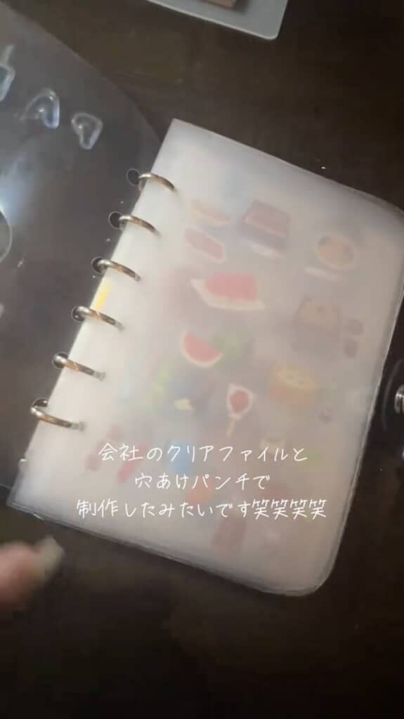 クリアファイルにパンチで穴を開け、リングを通して作ったようです