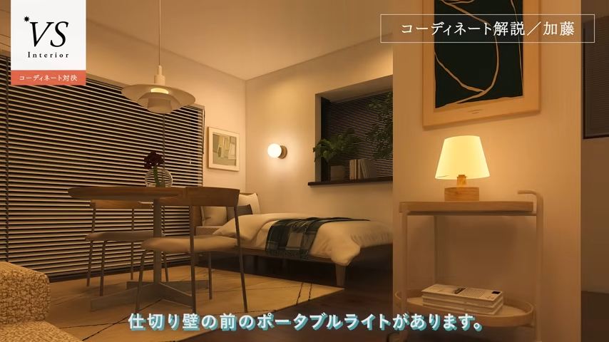 壁のブラケットライト、テーブル上のペンダントライト、トローリーの上のポータブルライトで多灯照明