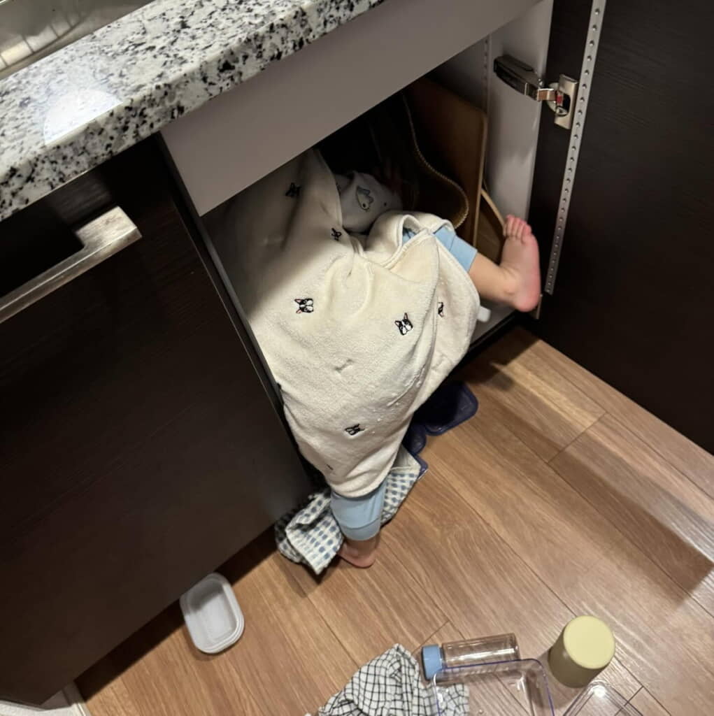 シンク下にとても頑張って入ろうとしている！