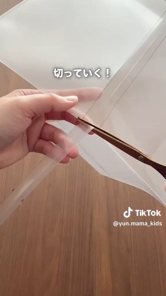 線を入れた部分のみカット。中央の部分については、根元（クリアファイルのとじられた部分）も切って切り離します