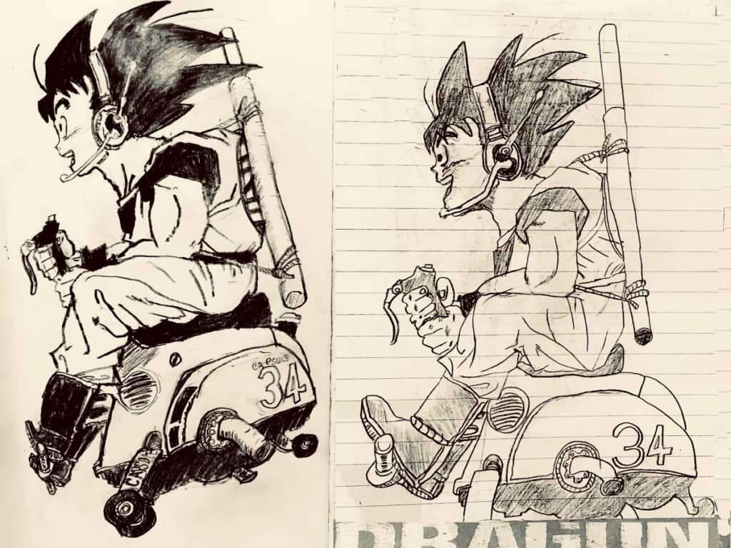 といさんが9歳の頃に描いた孫悟空と、9歳のといさんの息子さんが描いた孫悟空を並べて比較