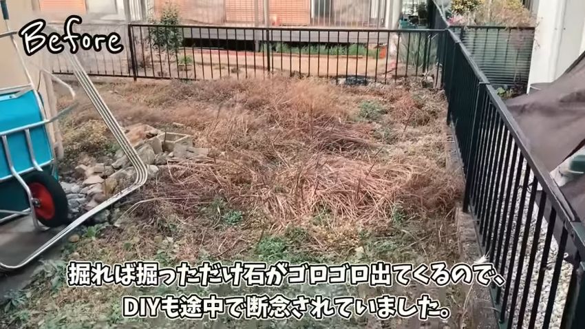 出土した石が積み上がっている雑草だらけの庭