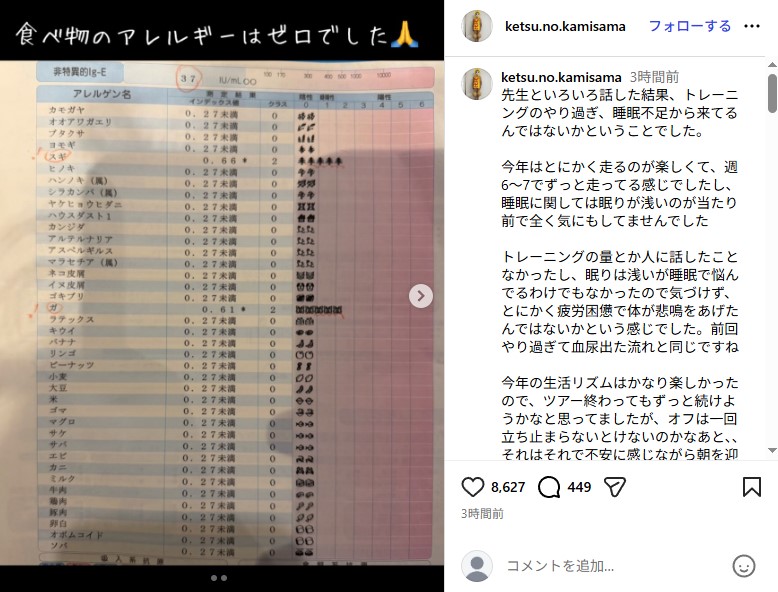 蕁麻疹が出て血液検査を受けた樽美酒研二