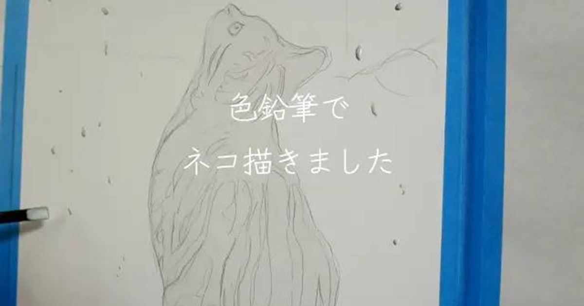 ざっくりしたネコの絵→色鉛筆で描き込んだ、次の瞬間……「え!? これ絵