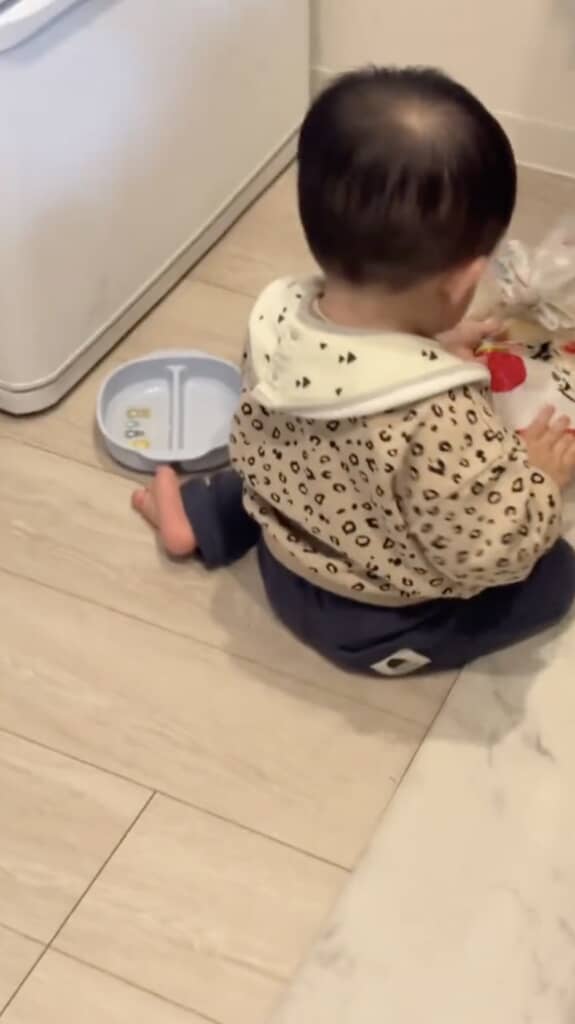 キッチンから「ガサゴソ」と物音が。ママが見に行くと、赤ちゃんが食パンの袋を開けようとしていた。