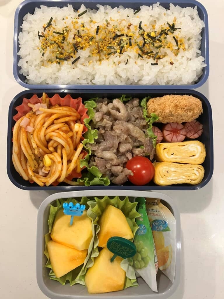 ご飯と美味しそうなおかずにデザートのフルーツも付いたお弁当