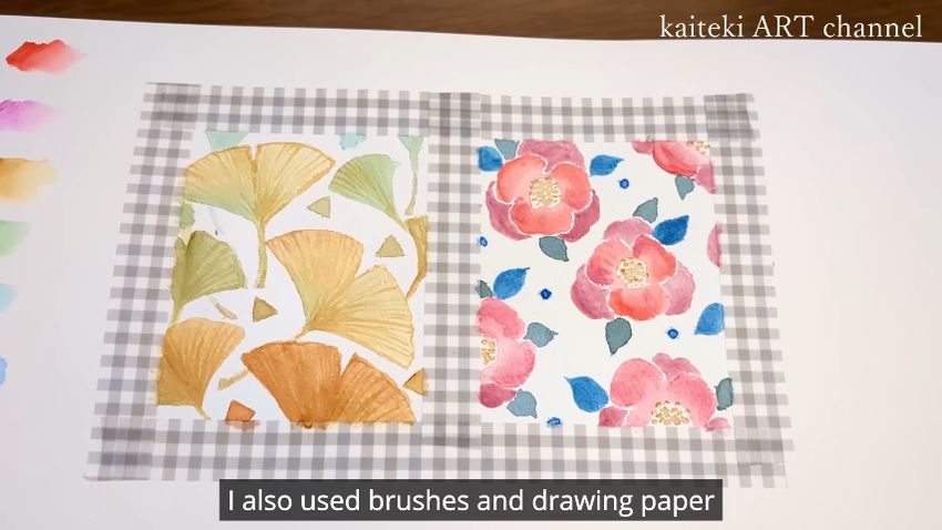 完成したイチョウとツバキの絵