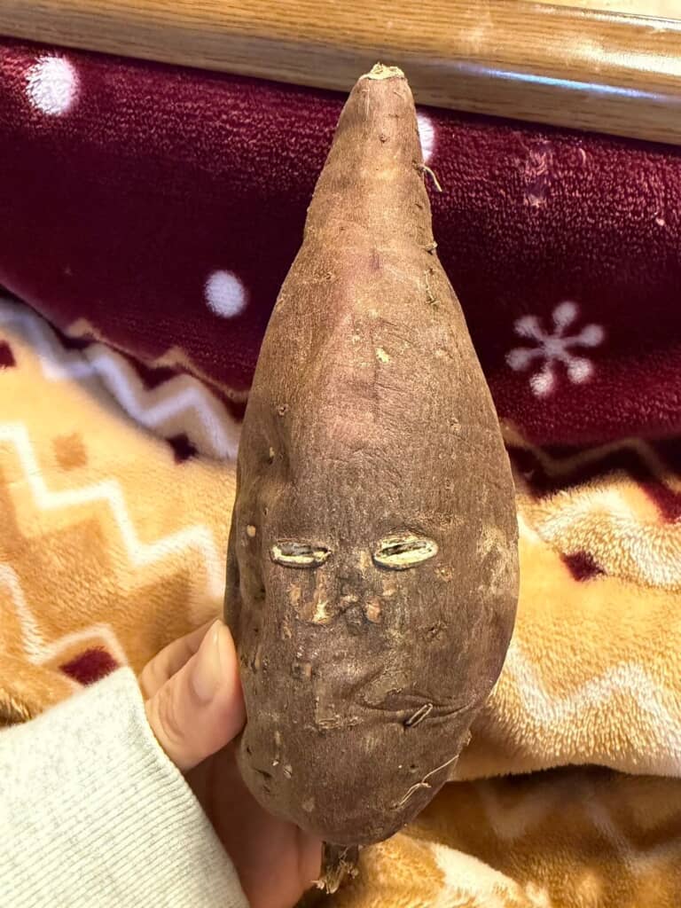 「だ、誰!?」と聞かずにはいられない程、人の顔みたいな焼き芋を手にしています