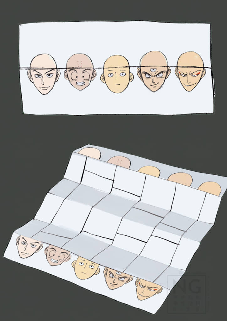 上下を合わせると漫画のキャラが完成。左から順に、ハンゾー、クリリン、サイタマ、天津飯、斑目一角