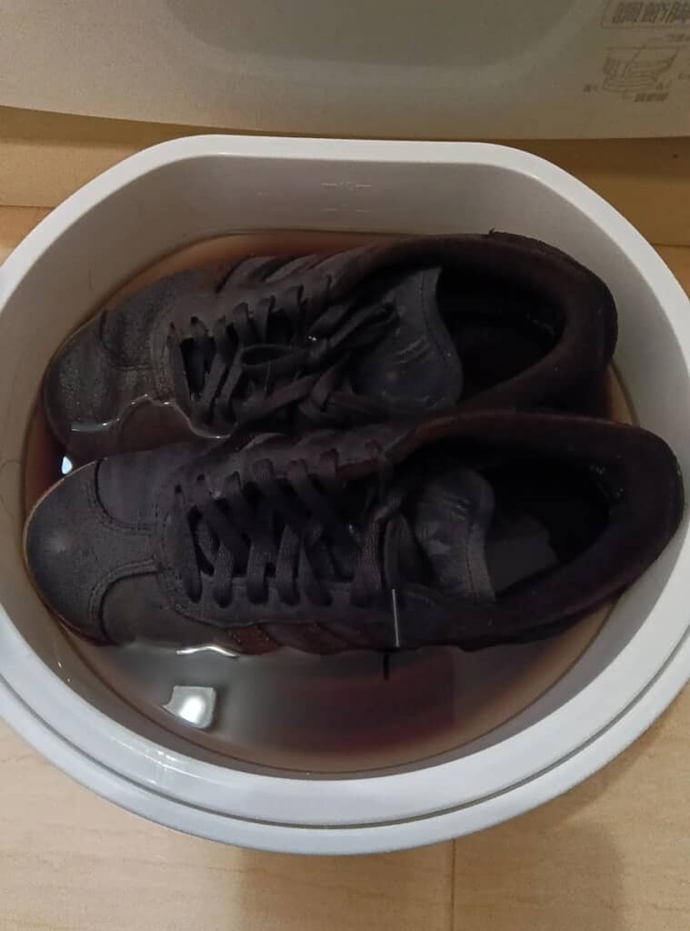 洗剤液に浸けられたまま3週間が経過した靴。もう発酵が始まってるんじゃ……