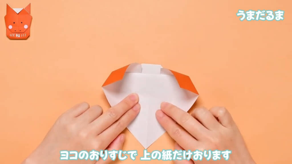 色のついた方を上にしてから、横の折り筋で手前に折ったところ
