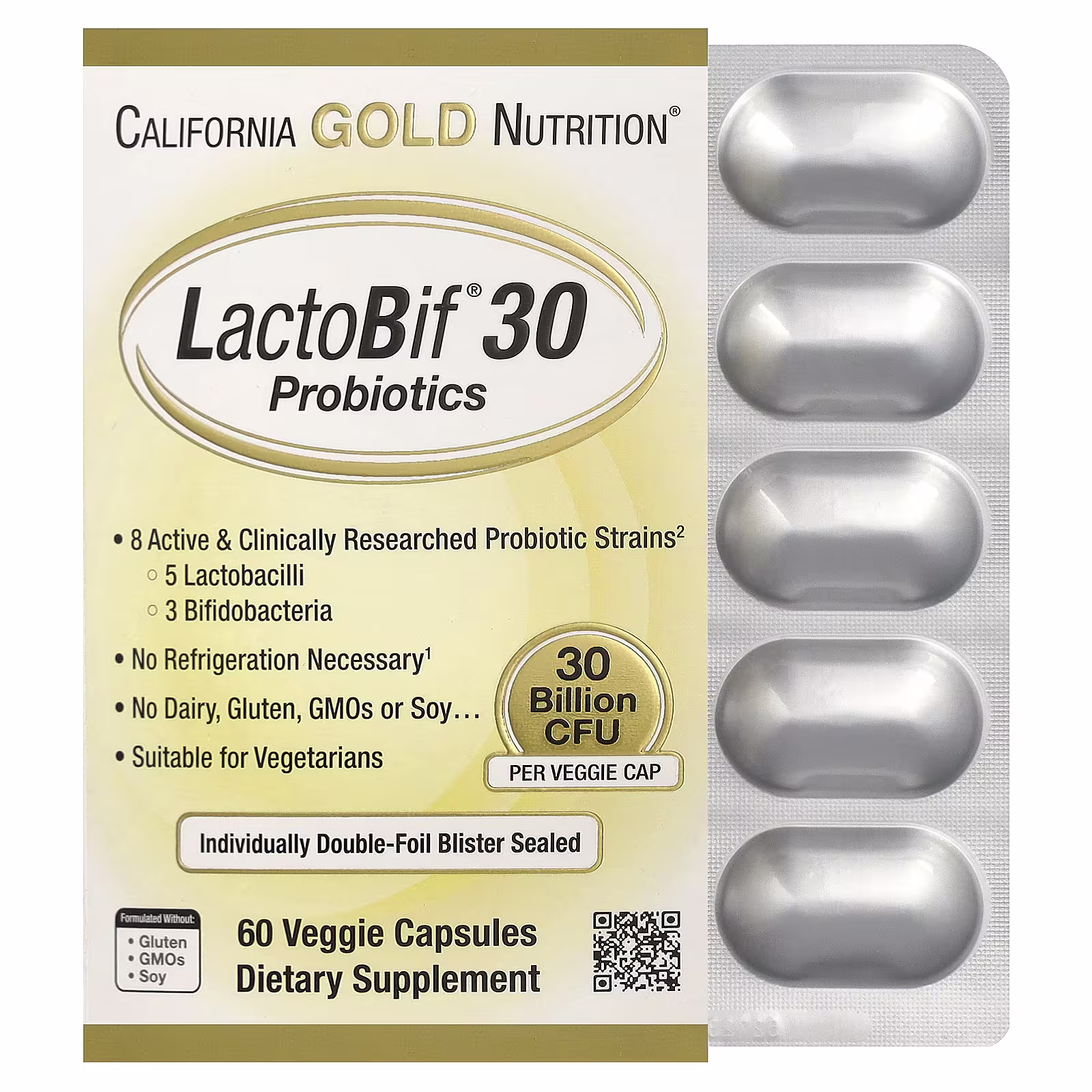 California Gold Nutrition（カリフォルニアゴールドニュートリション）LactoBif（R）（ラクトビフ）30プロバイオティクス、300億CFU、ベジカプセル60粒