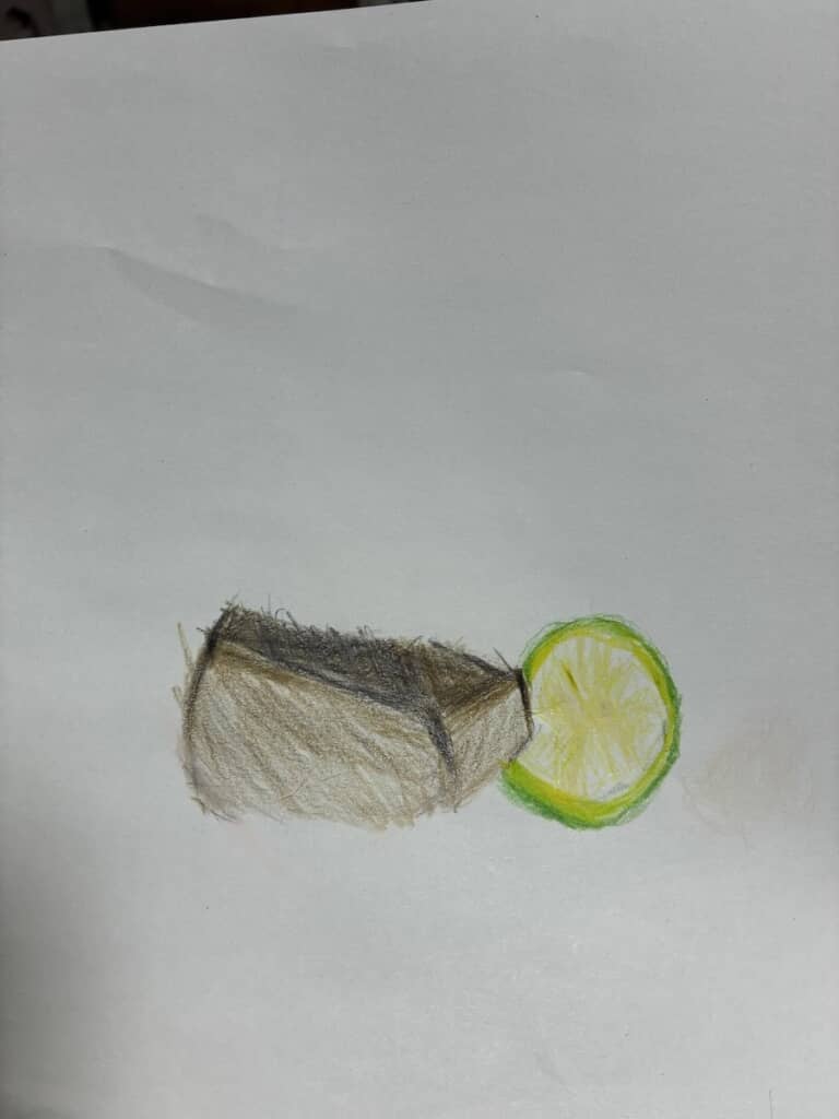 年長の娘さんが色鉛筆で描いた塩サバの絵