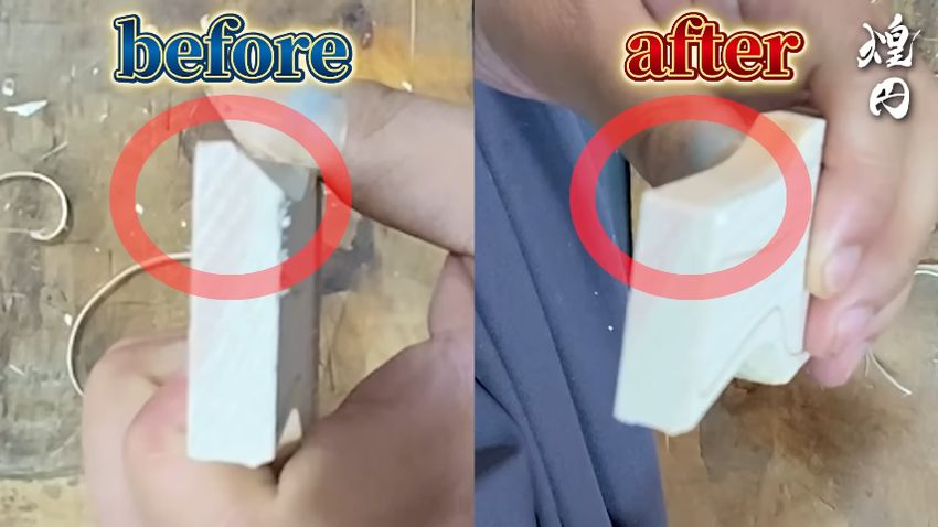 持ち手の表面だけ削った状態と裏面も削った状態の比較