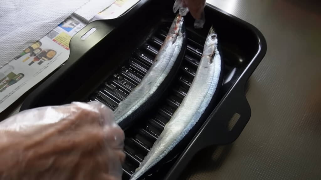 サンマを容器に並べて魚焼きコンロへ