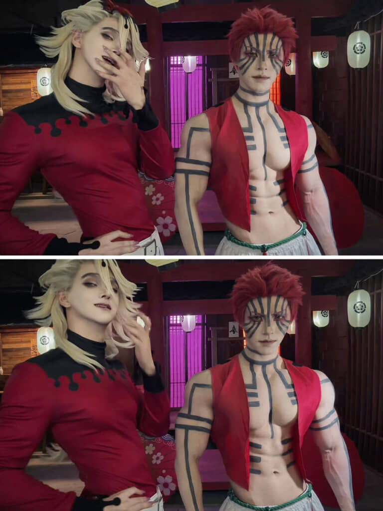 肉体での表現も秀逸な童磨（左）と猗窩座（右）